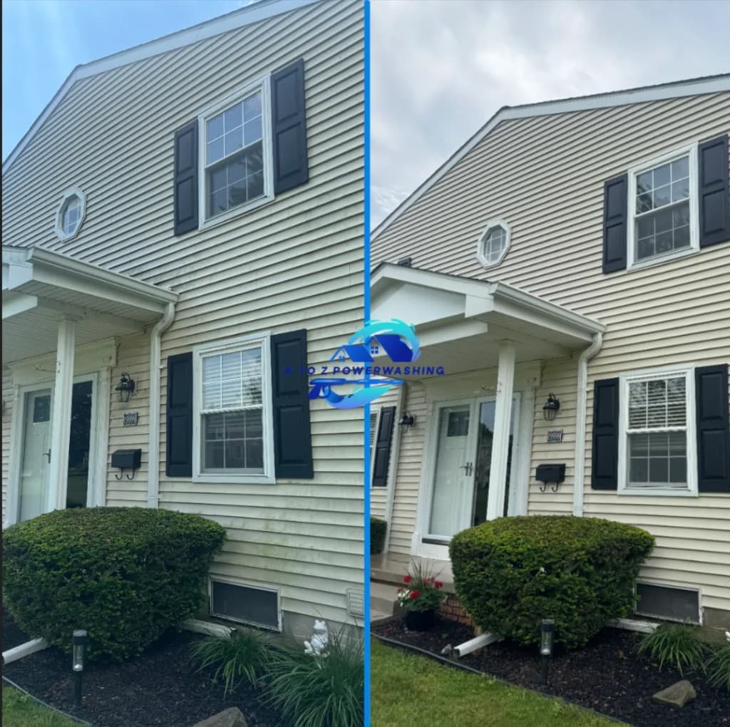 before and after house washing on beige siding in Farmington Hills Michigan green mold removed from two story home exterior by A to Z Power Washing — also serving Oakland County, MI