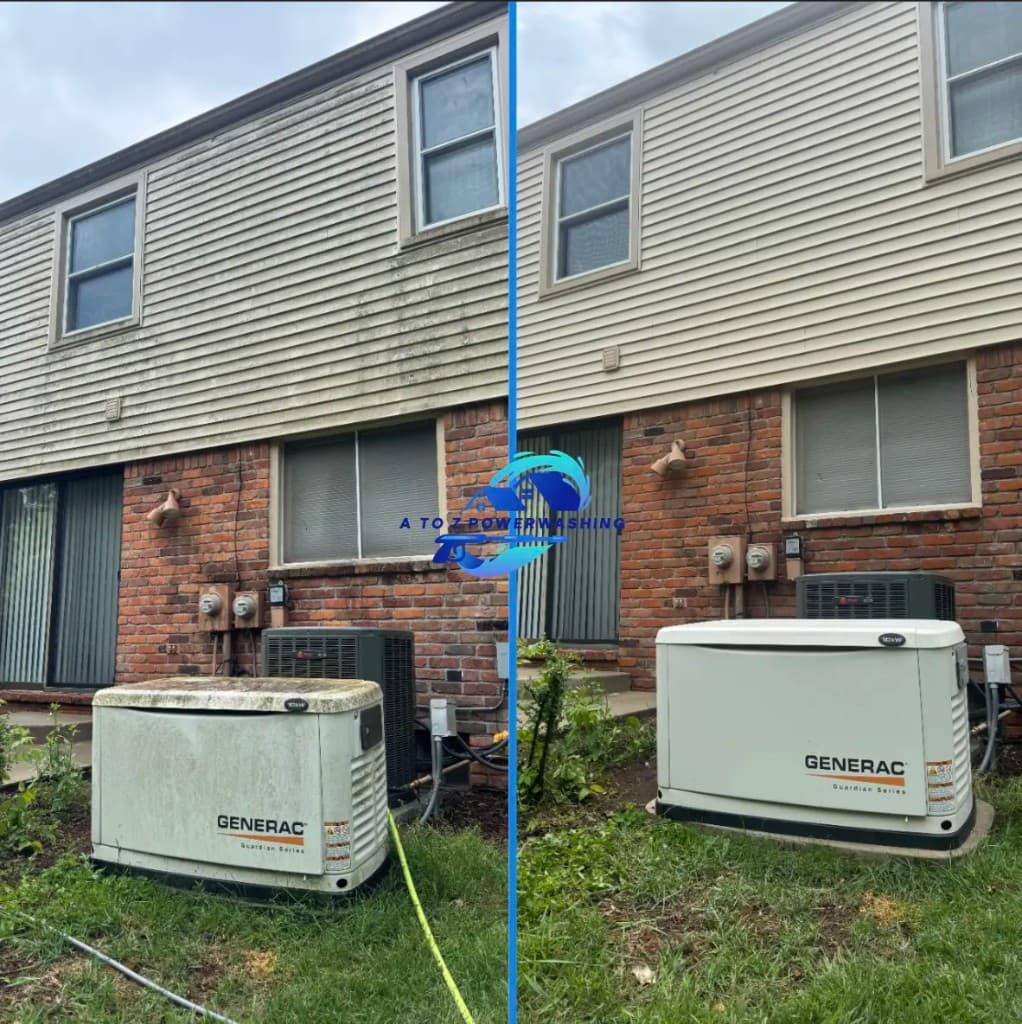 before and after house washing on tan vinyl siding and red brick in Oakland County Michigan green algae removed from exterior walls and Generac generator by A to Z Power Washing — also serving Oakland County, MI