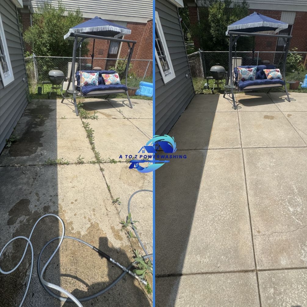 Before and after cleaning of a backyard concrete patio