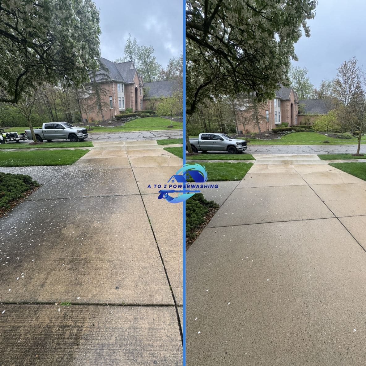Before and after cleaning of a concrete driveway in a neighborhood of brick homes