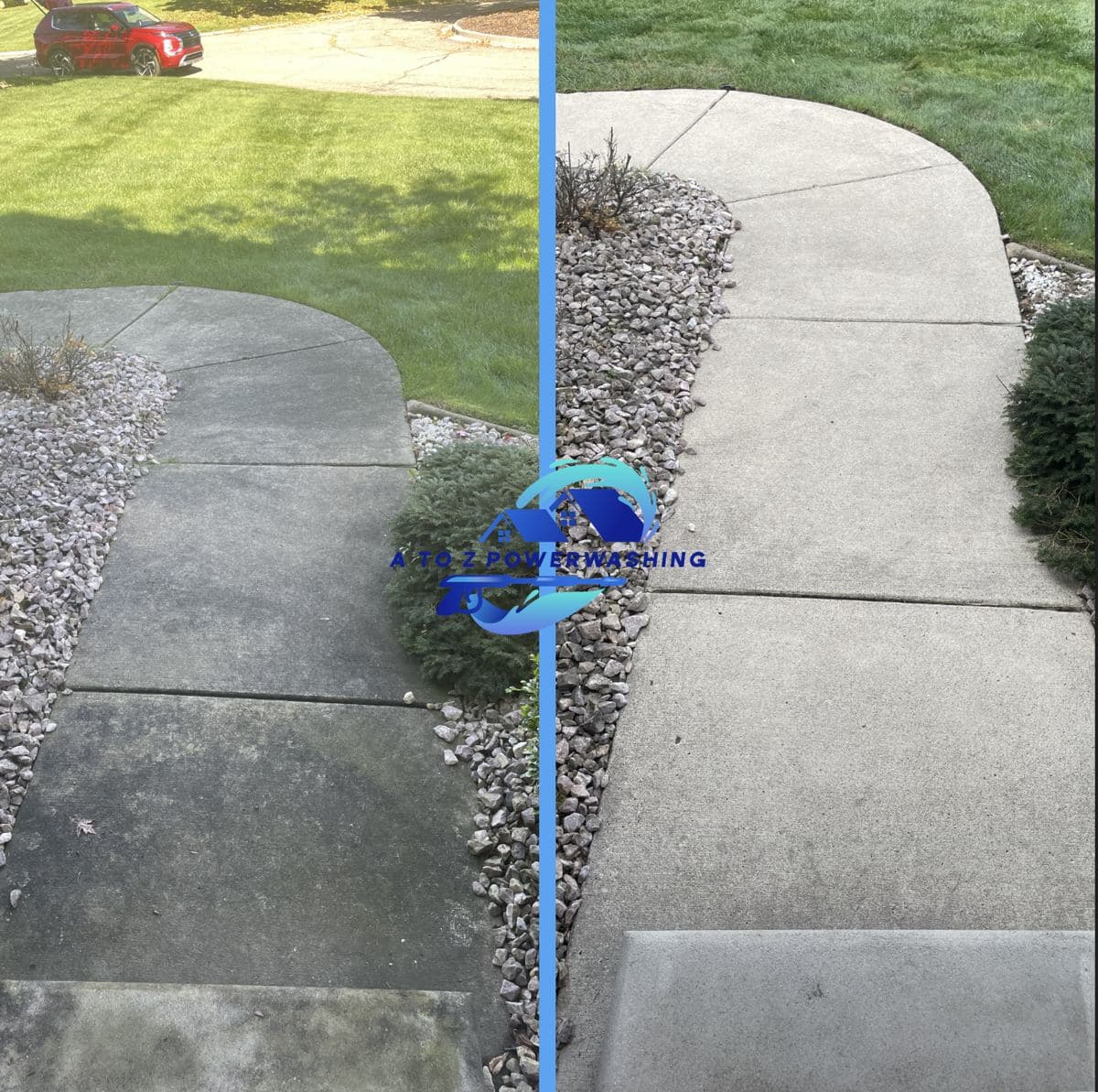 Before and after cleaning of a curved front walkway