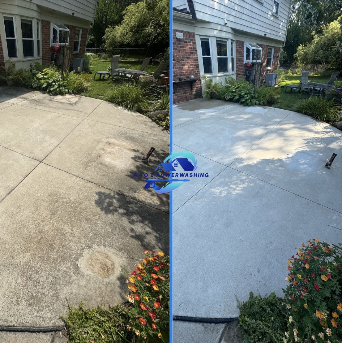 Before and after cleaning of a curved garden patio by a brick home