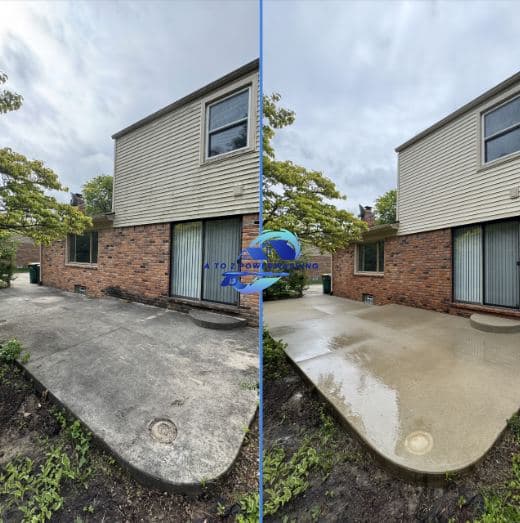 Before and after cleaning of a rounded concrete patio behind a colonial
