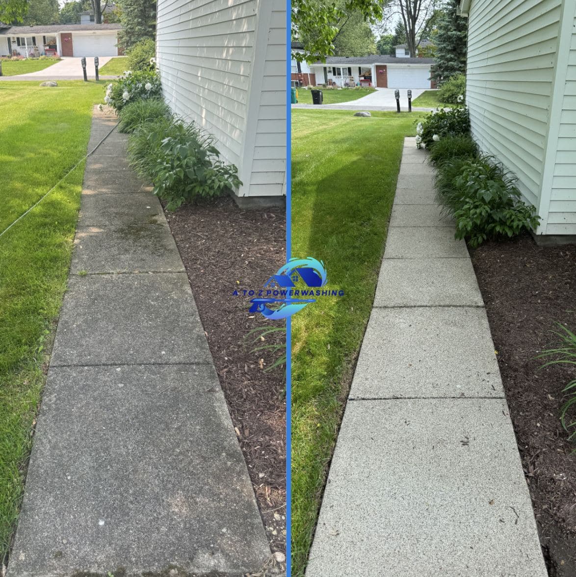 Before and after cleaning of a concrete side yard walk