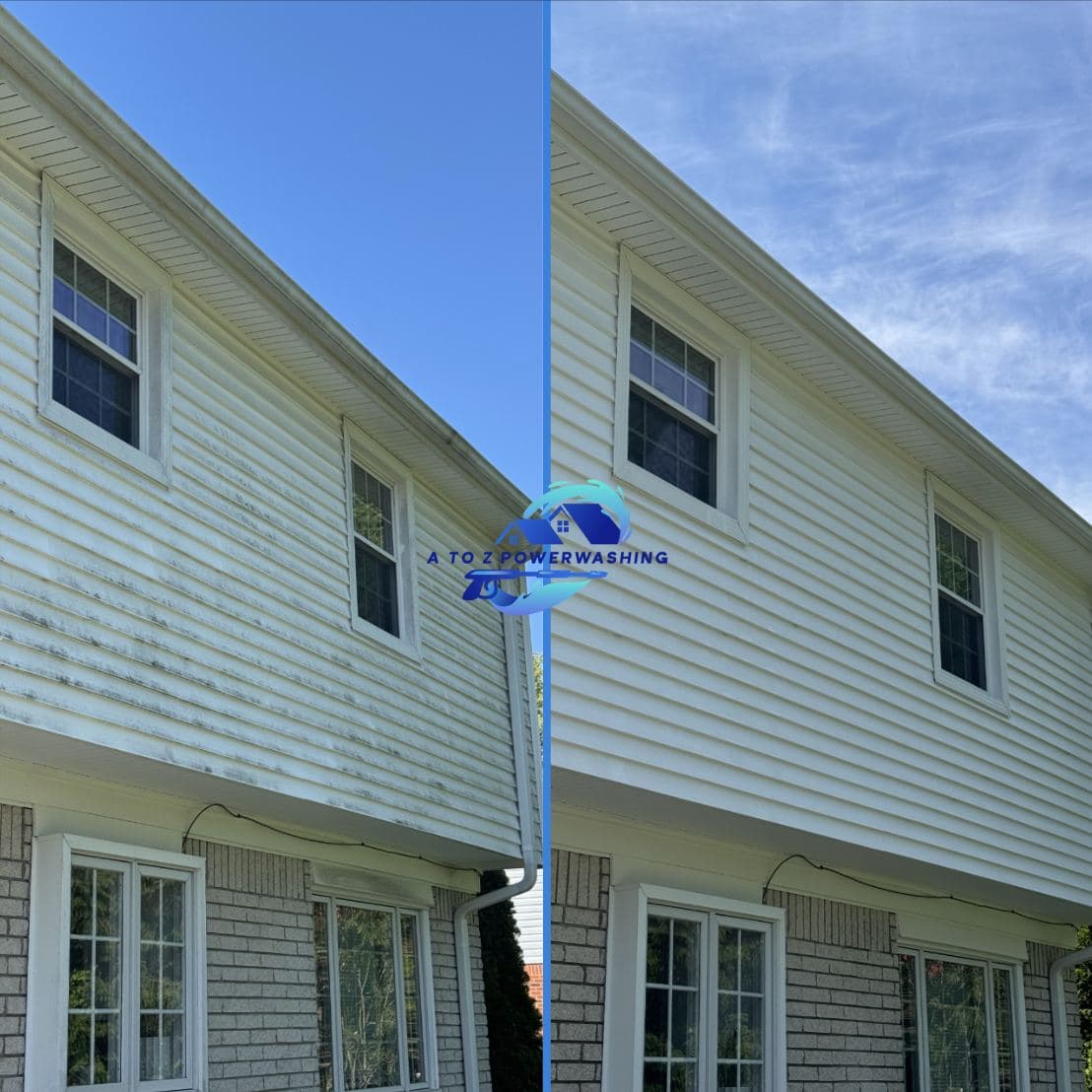 Before and after house wash on a two story colonial with a brick first floor