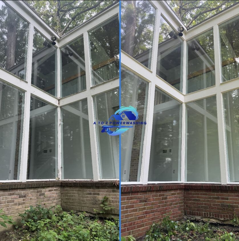 Before and after cleaning of a glass sunroom and brick knee wall