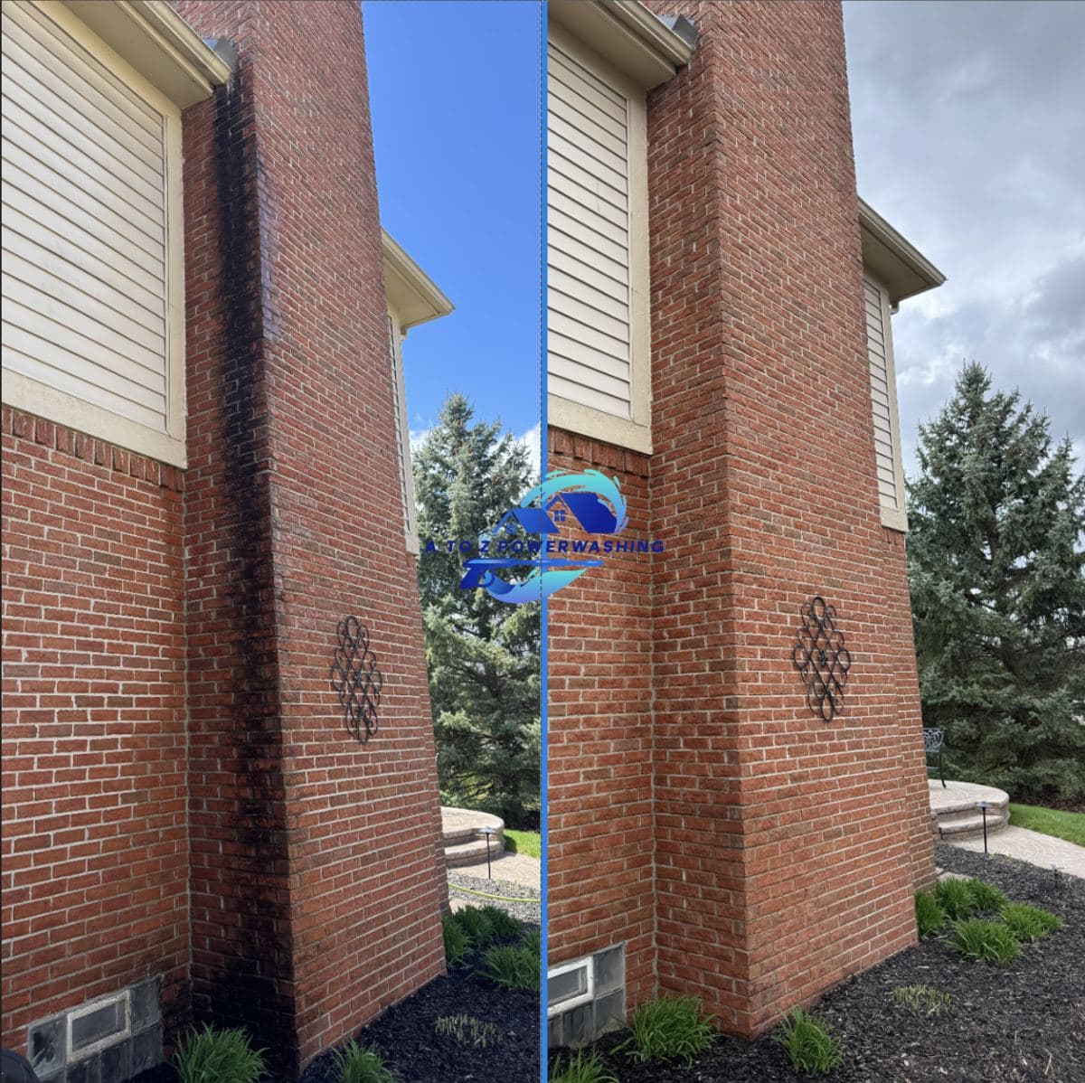 Before and after cleaning of a tall brick chimney wall