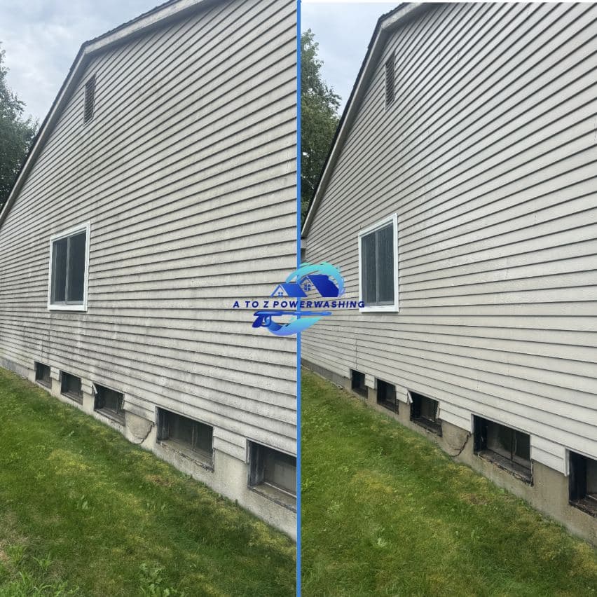Before and after house wash on a large vinyl gable wall