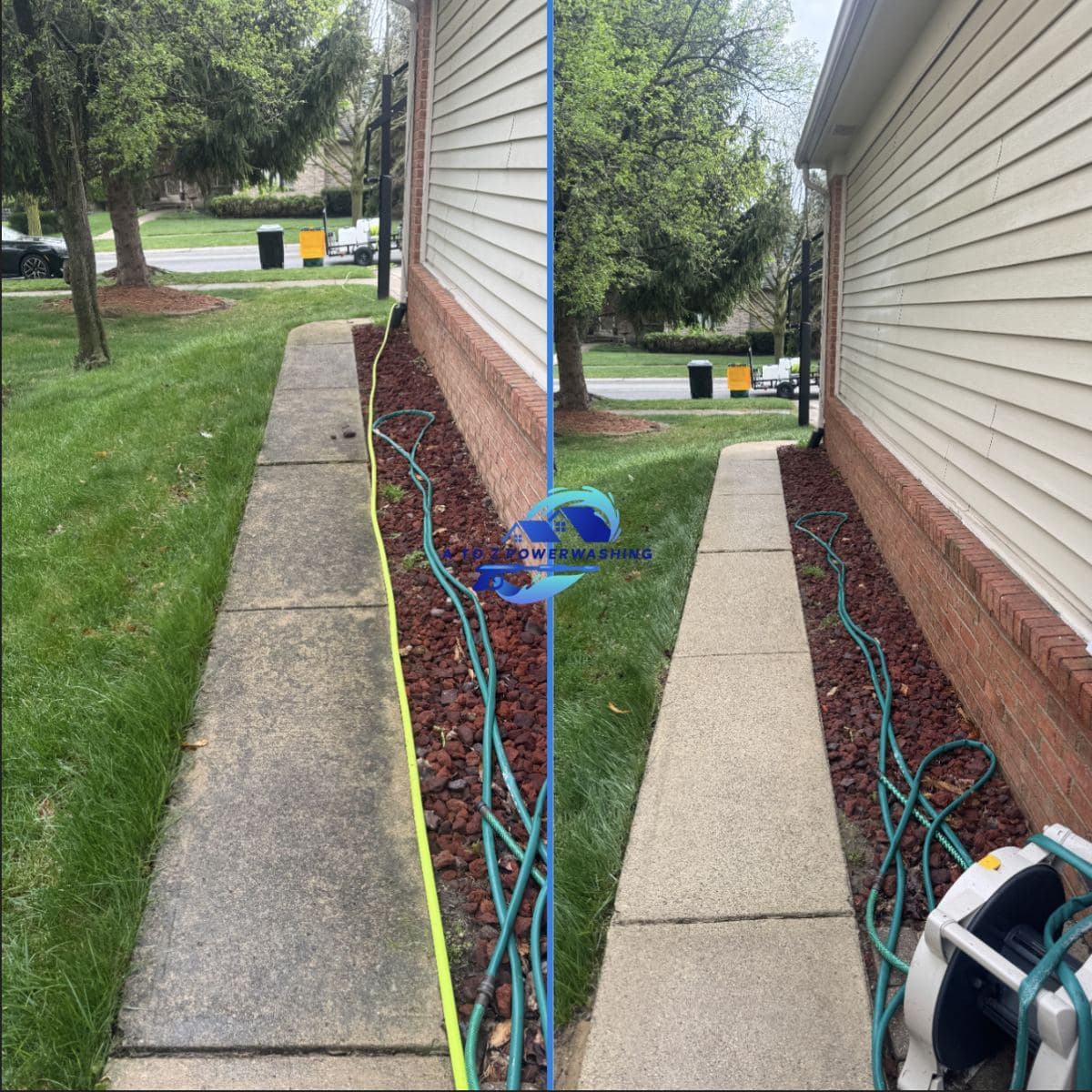 Before and after house wash along a side yard