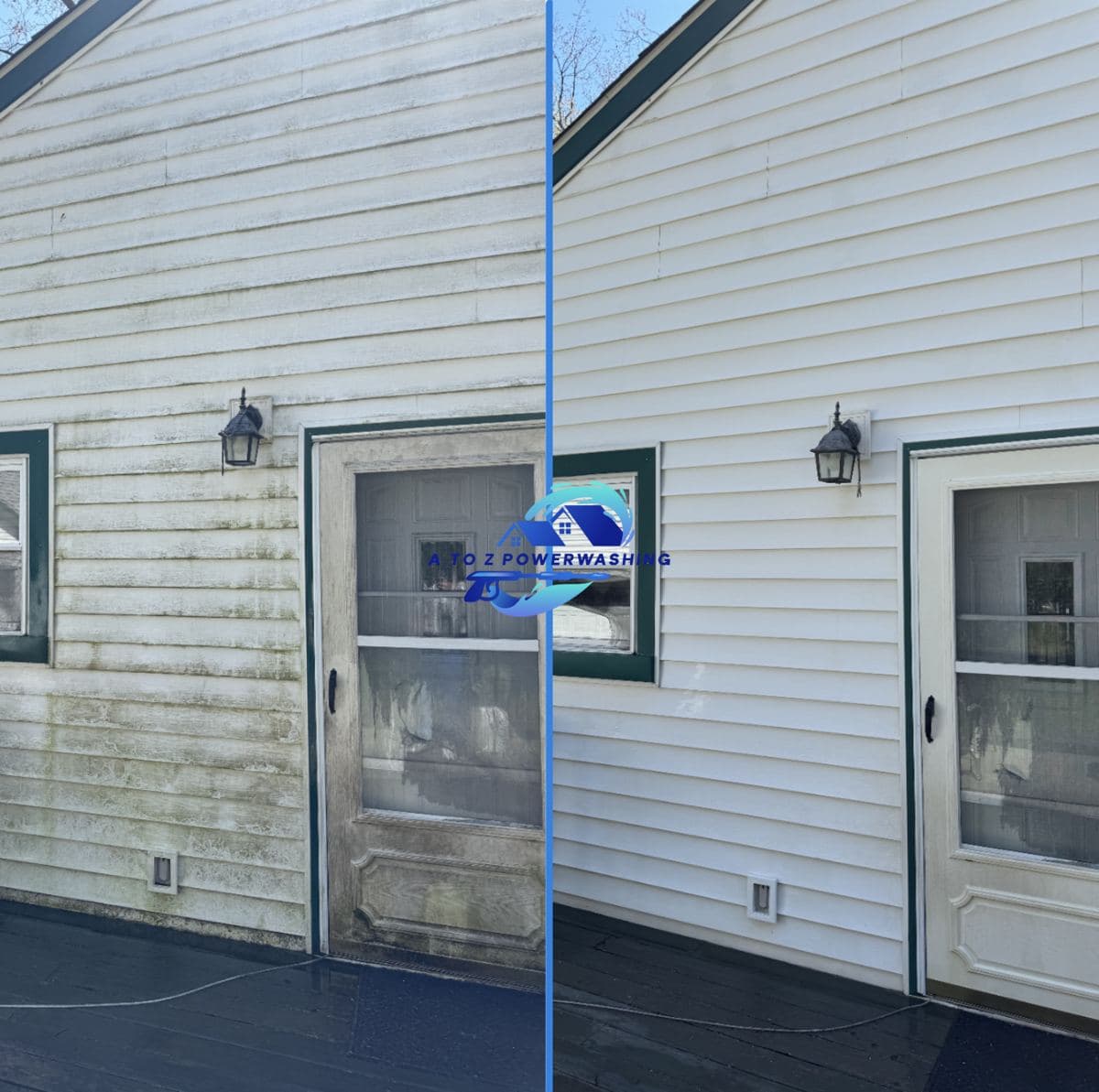 Before and after house wash on vinyl siding and a back door