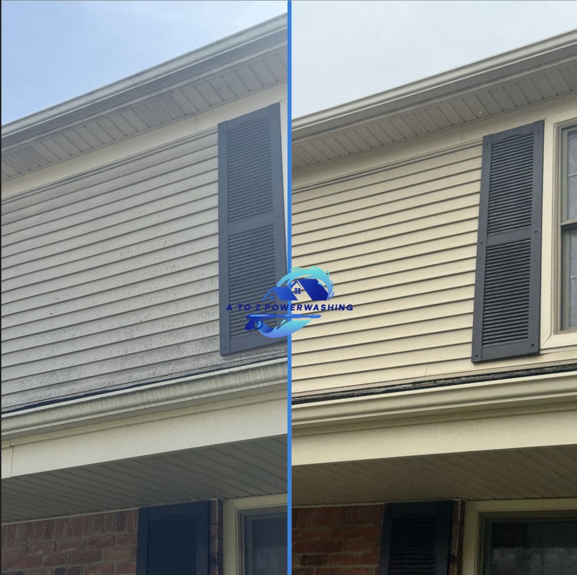 Before and after house wash on siding with shutters above brick