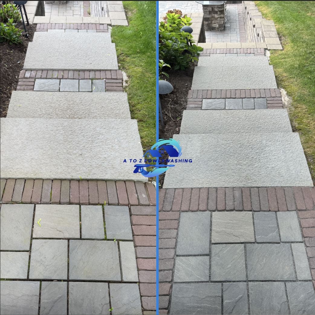 Before and after cleaning of bluestone and brick walkway steps