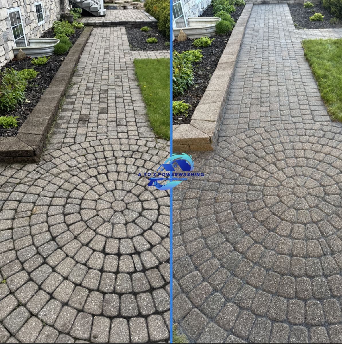 Before and after cleaning of a paver walkway with a circle pattern