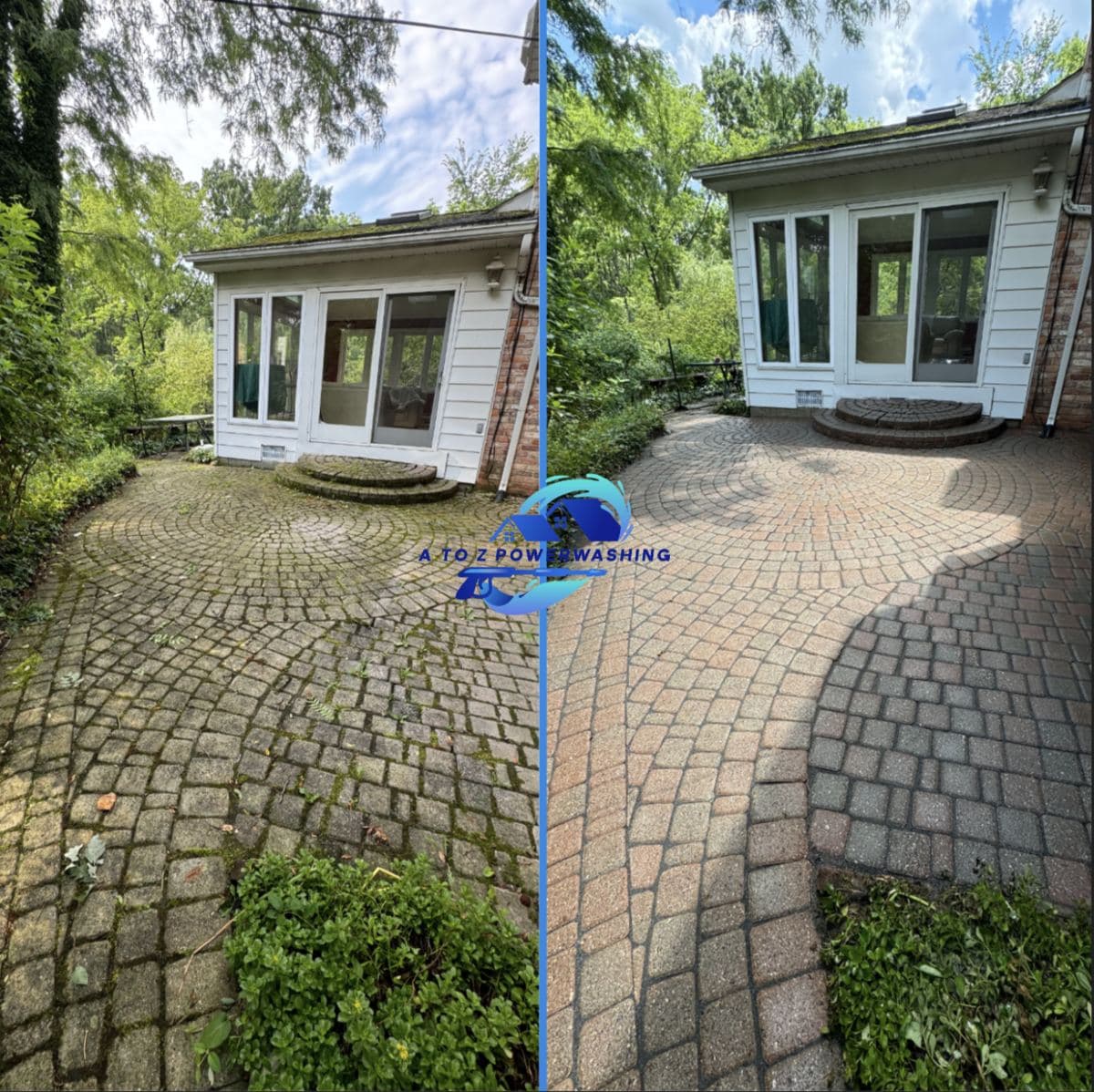 Before and after cleaning of a circular paver patio