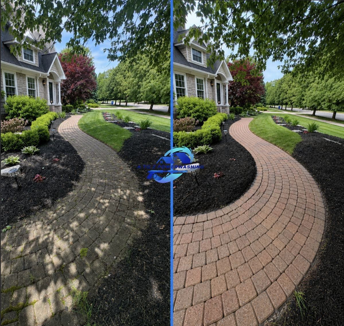 Before and after cleaning of a curved brick paver front walkway