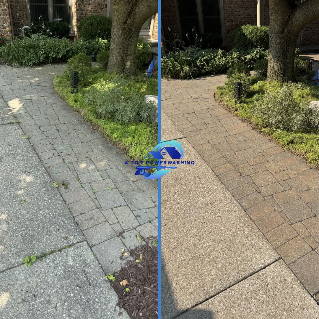 Before and after cleaning of a curved paver walkway