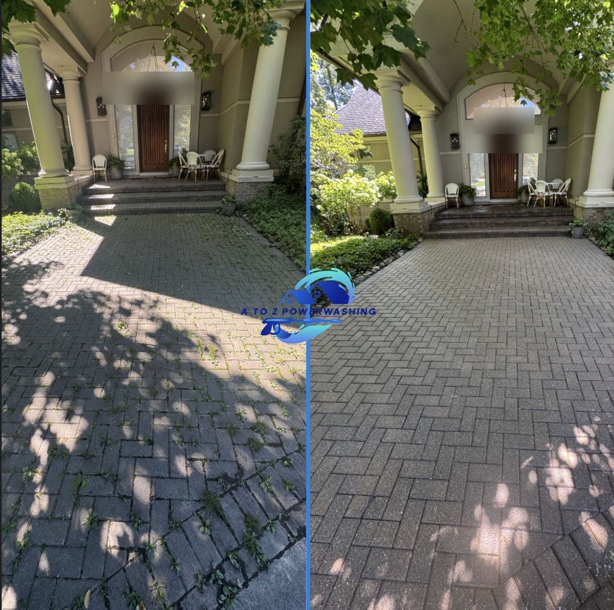 Before and after cleaning of a herringbone paver entry court