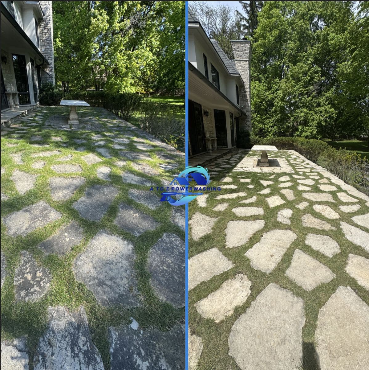 Before and after cleaning of a flagstone patio