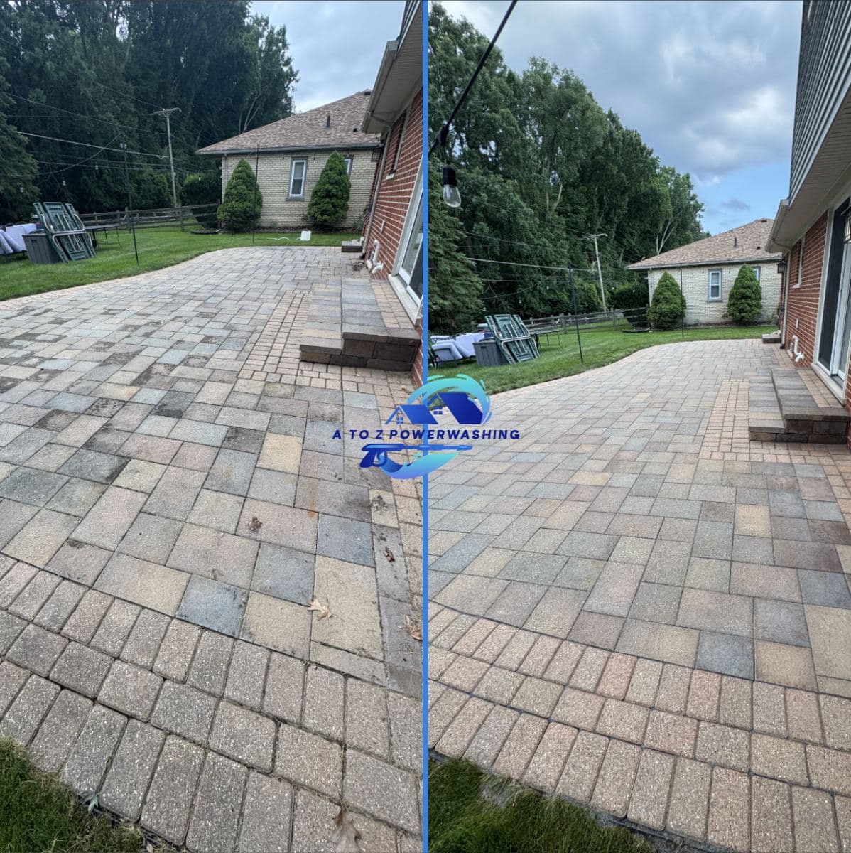 Before and after cleaning of a backyard paver patio