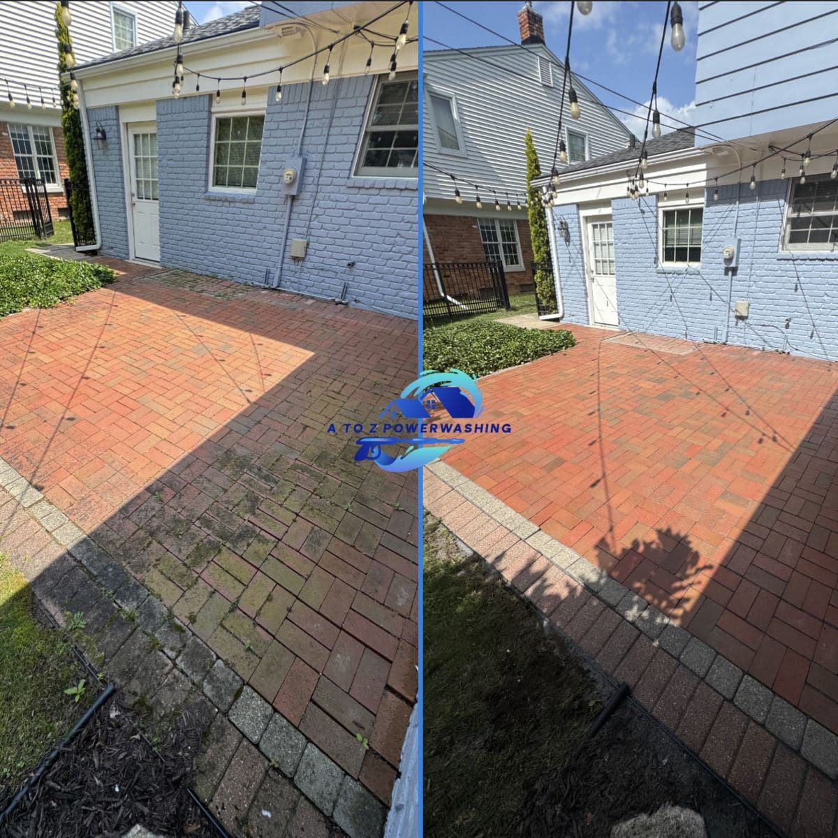 Before and after cleaning of a red brick paver patio