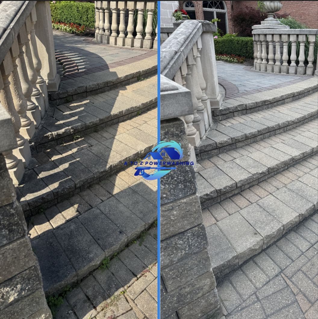 Before and after cleaning of paver steps with a stone balustrade