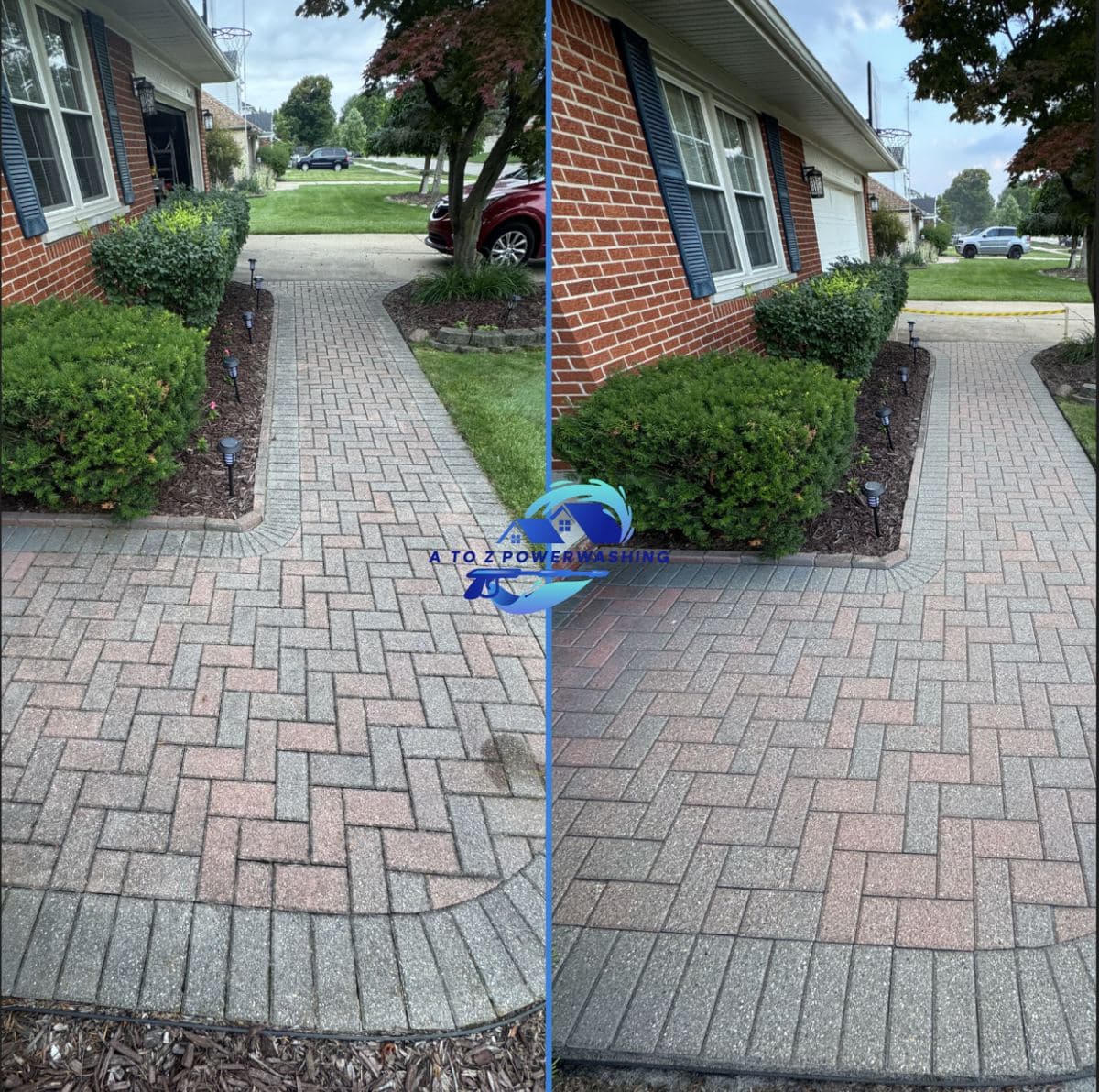 Before and after cleaning of a herringbone paver walk at a brick ranch