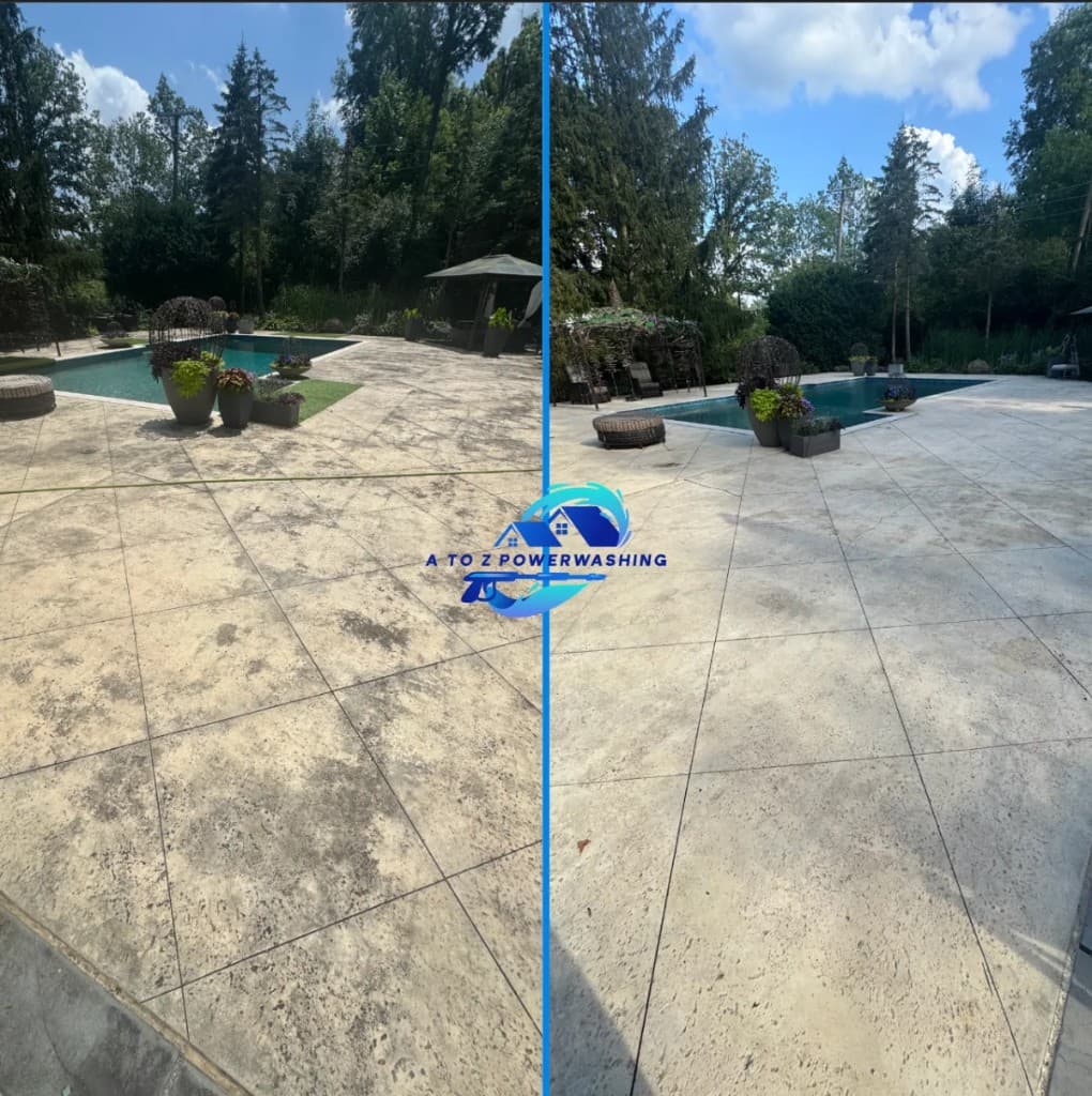 before and after limestone patio masonry power washing near cranbrook bloomfield hills michigan pool deck restored by a to z power washing