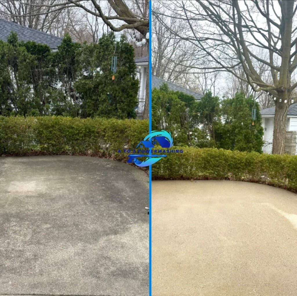 before and after concrete patio cleaning in Northville Michigan dark algae and grime removed from curved patio surface by A to Z Power Washing