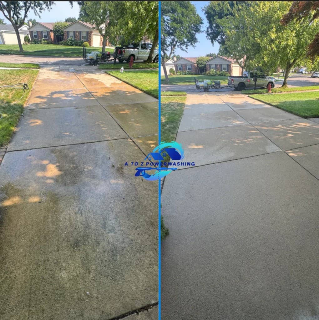 before and after driveway cleaning in Bloomfield Hills Michigan green algae and moss removed from concrete driveway by A to Z Power Washing — also serving Oakland County, MI