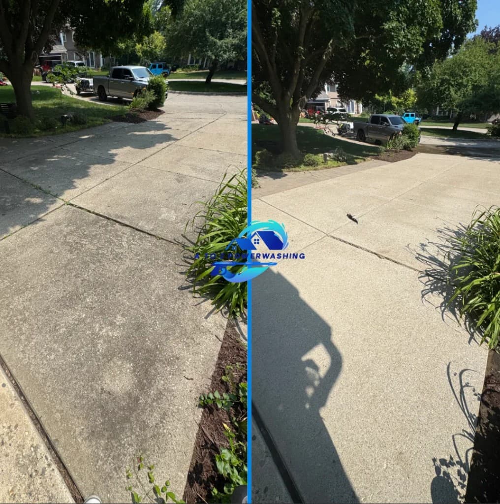 before and after driveway pressure washing in Northville Michigan dirty concrete slabs cleaned and weeds removed from joints by A to Z Power Washing — also serving Oakland County, MI