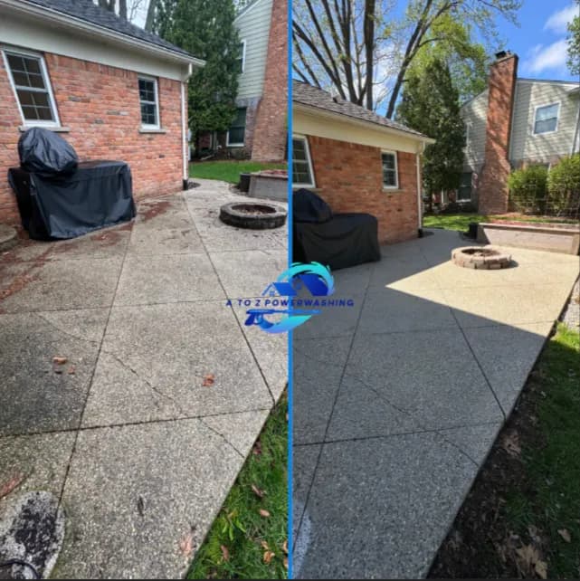 before and after patio pressure washing in Birmingham Michigan scored concrete patio algae and black stains removed by A to Z Power Washing — also serving Oakland County, MI