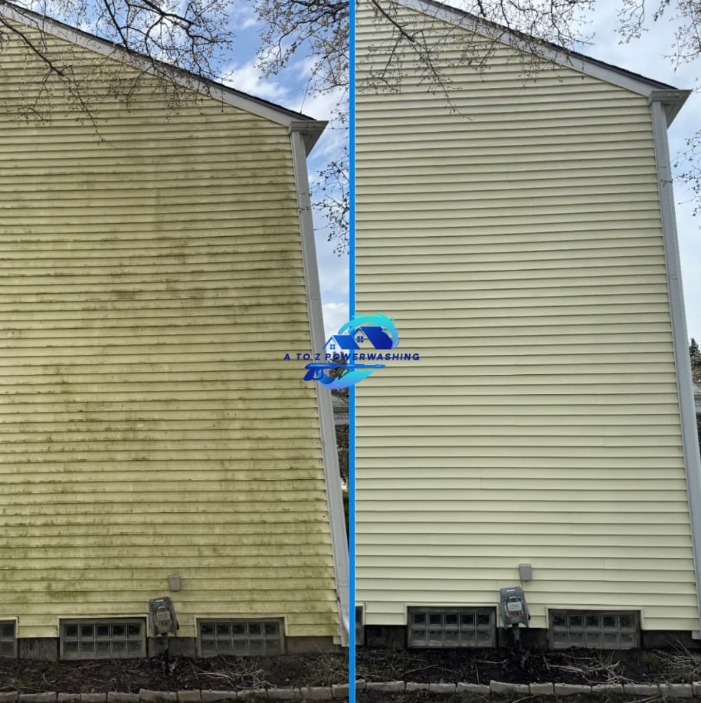 before and after yellow vinyl siding house washing in Southfield Michigan algae and black streaks removed by A to Z Power Washing