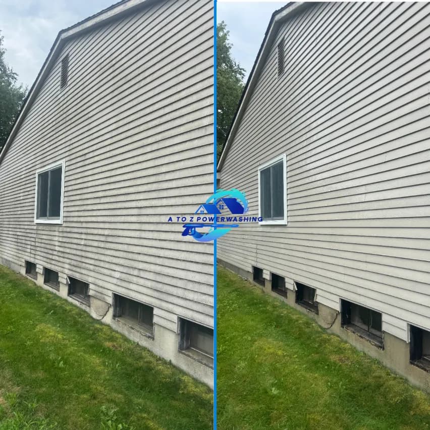 before and after house washing on lap siding in West Bloomfield Michigan mold and mildew removed from exterior walls by A to Z Power Washing