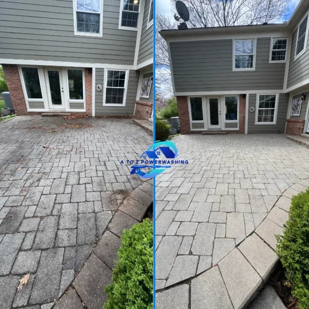 before and after stone paver patio cleaning Michigan dirty pavers restored to bright natural color behind residential home by A to Z Power Washing — also serving Oakland County, MI