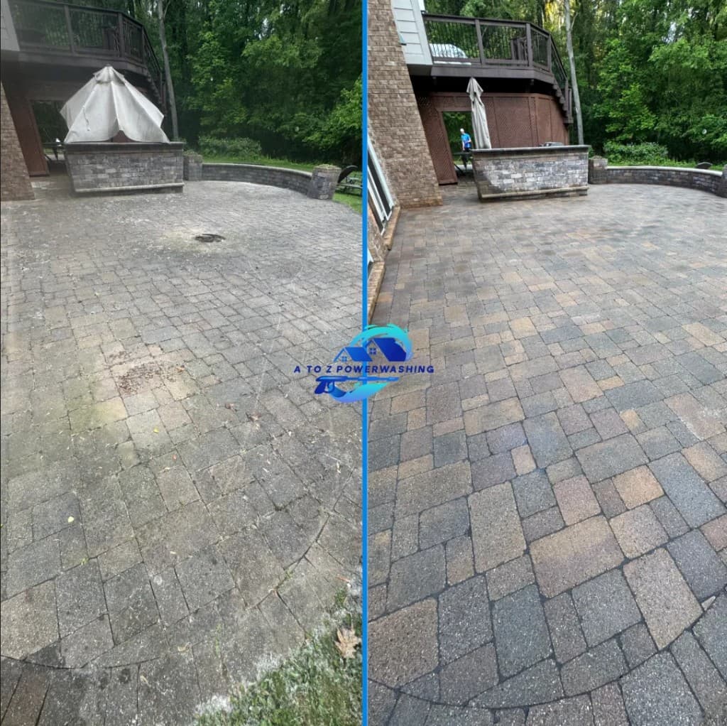 before and after curved paver patio cleaning in West Bloomfield Michigan moss removed from stone patio and outdoor kitchen area by A to Z Power Washing — also serving Oakland County, MI