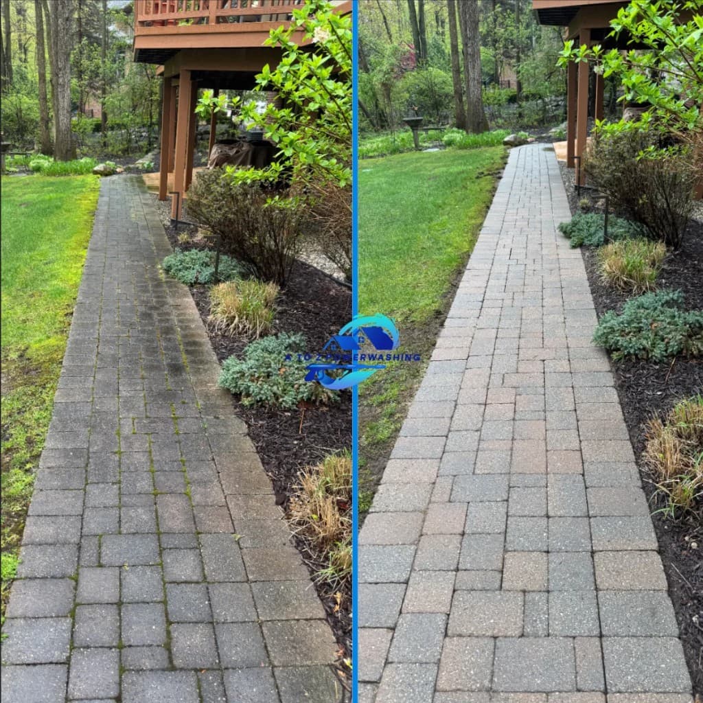 before and after brick paver walkway cleaning in West Bloomfield Michigan moss and dirt removed from joints by A to Z Power Washing — also serving Oakland County, MI