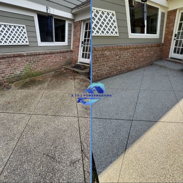 Before and after cleaning of an aggregate patio by a brick home