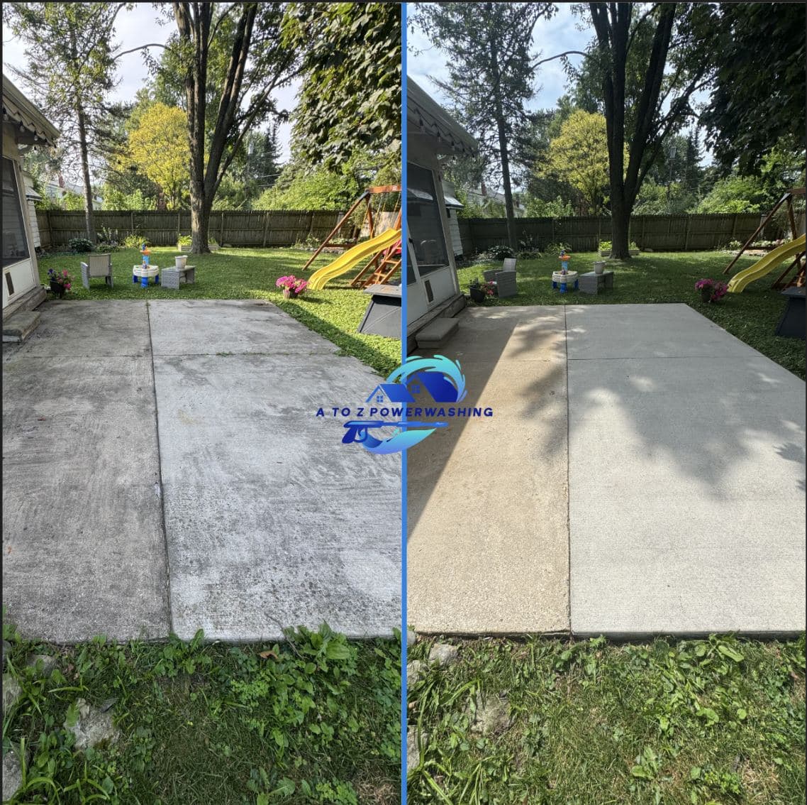 Before and after cleaning of a backyard concrete slab