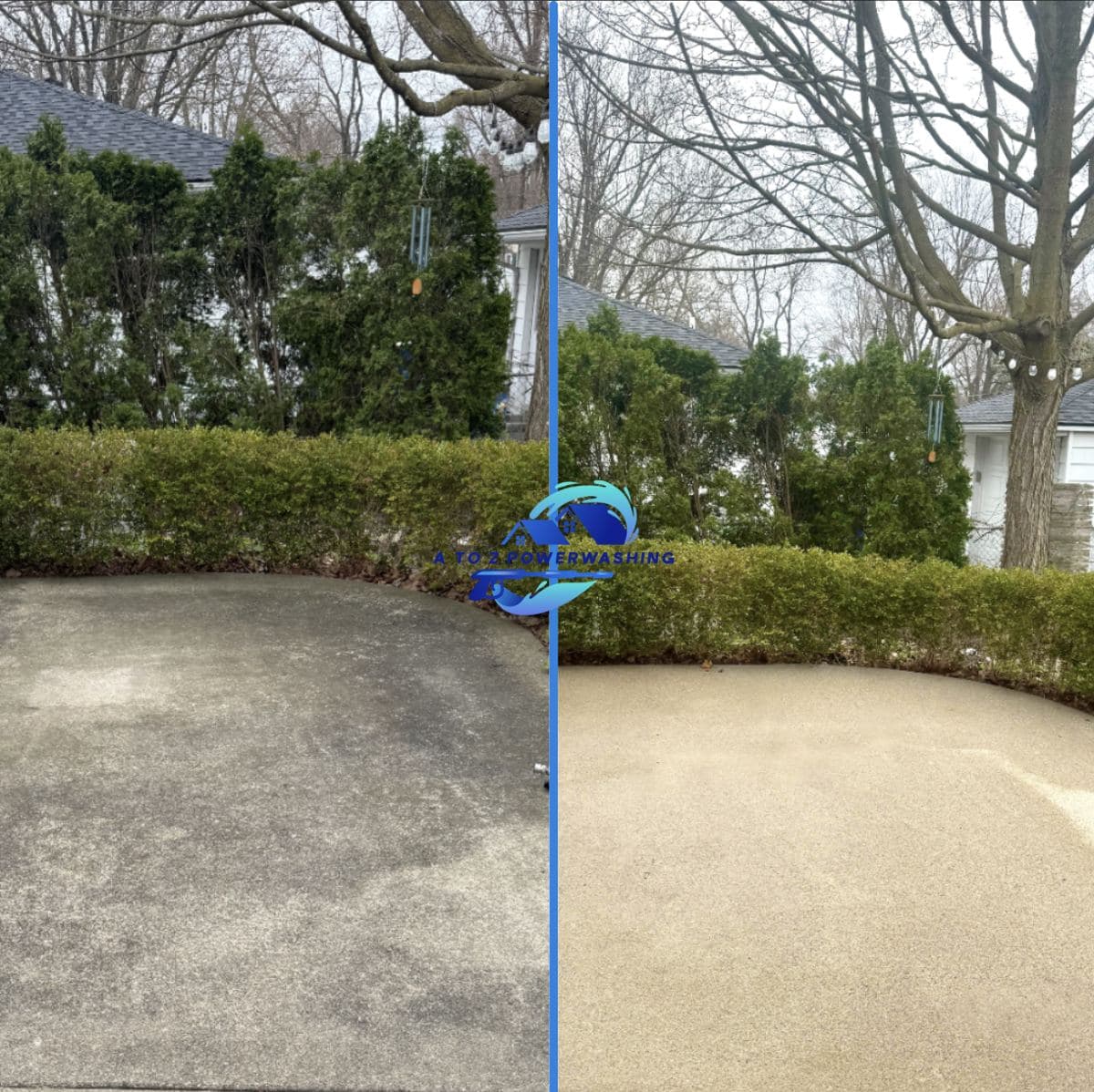 Before and after cleaning of a curved concrete patio framed by hedges