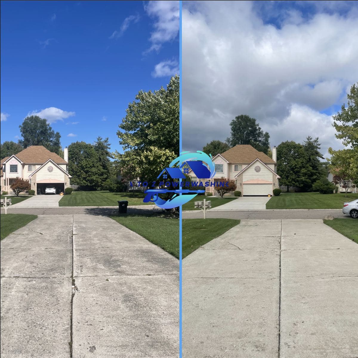 Before and after cleaning of a two car concrete driveway