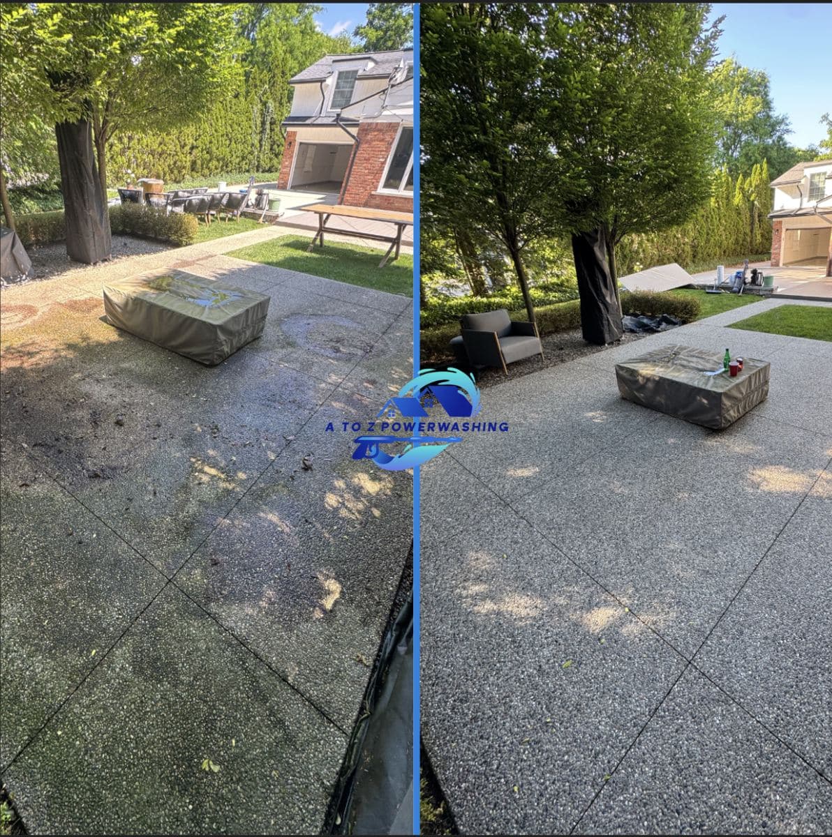 Before and after cleaning of a large exposed aggregate patio
