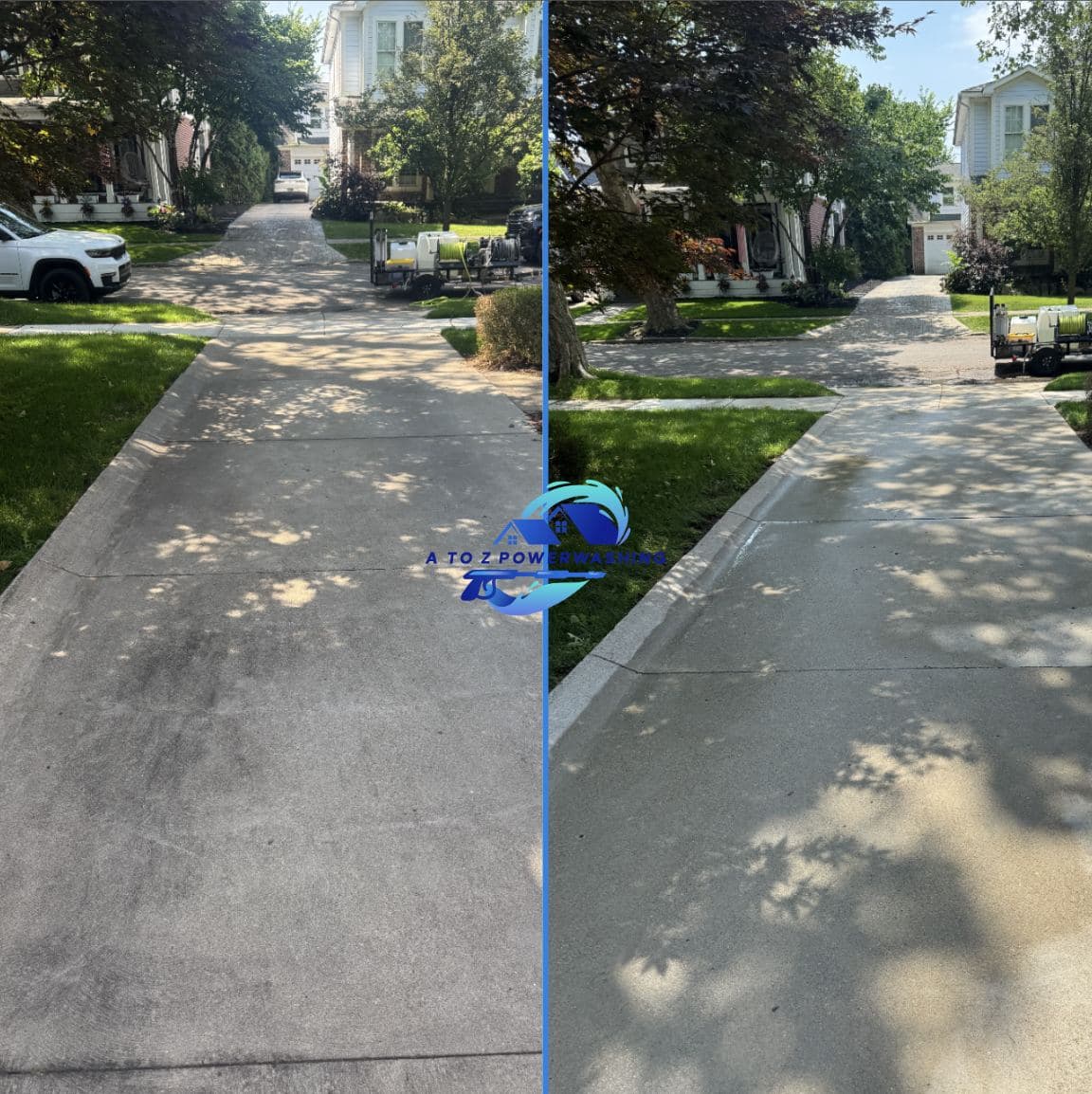 Before and after cleaning of a long concrete driveway on a tree lined street