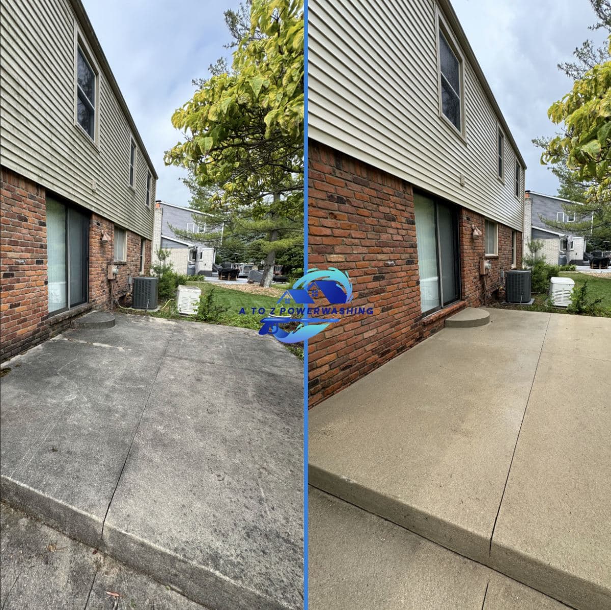 Before and after cleaning of a concrete patio behind a two story home