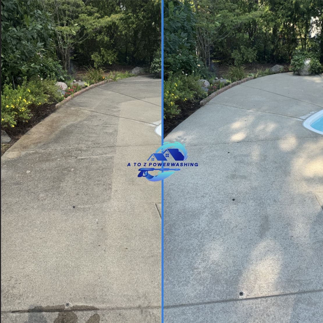 Before and after cleaning of a curved concrete pool walkway