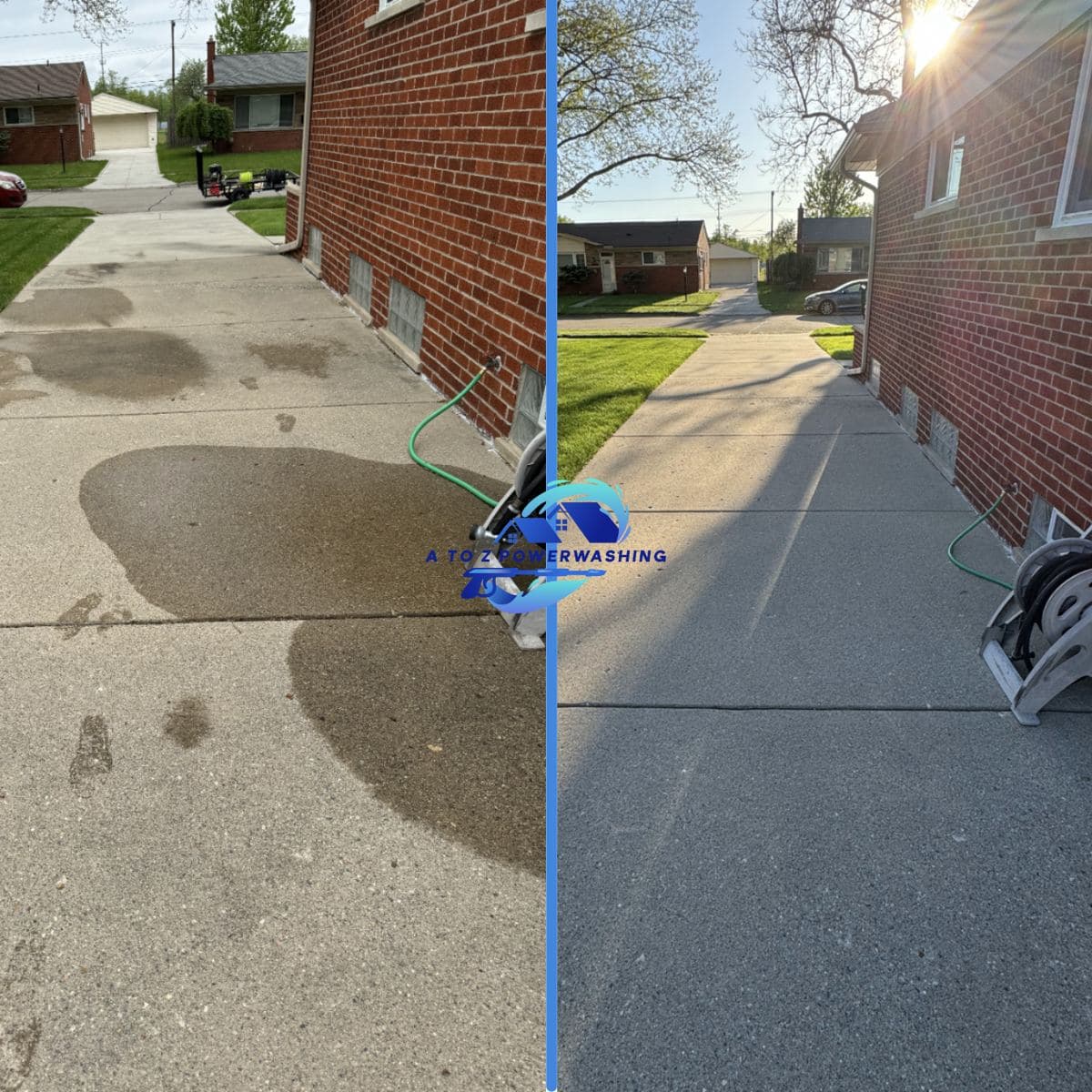 Before and after cleaning of a concrete side walk next to a brick ranch