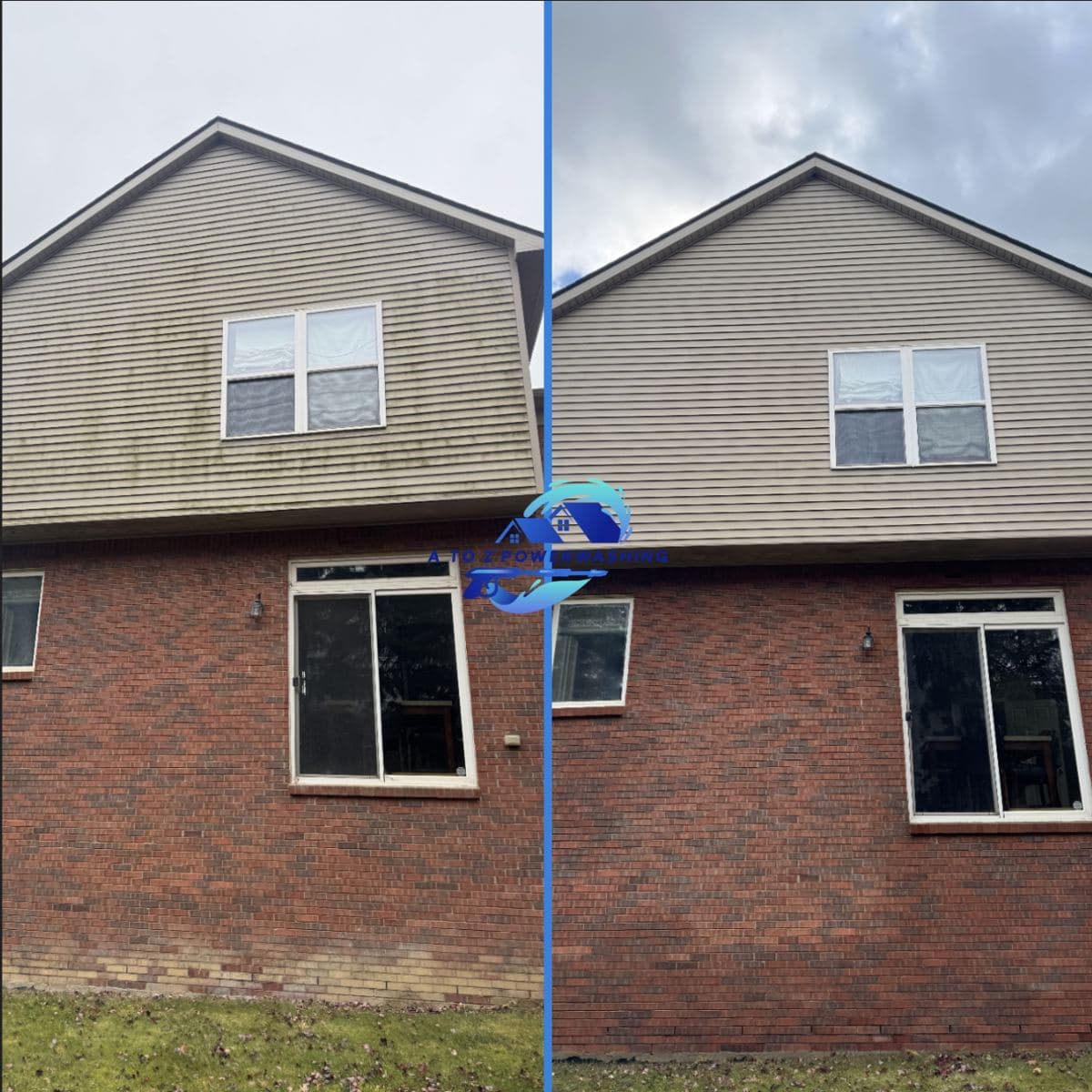 Before and after house wash on a brick and vinyl colonial