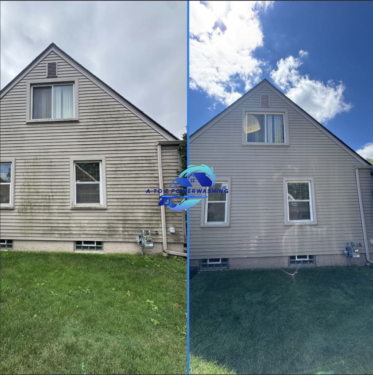 Before and after house wash on a gray Cape Cod