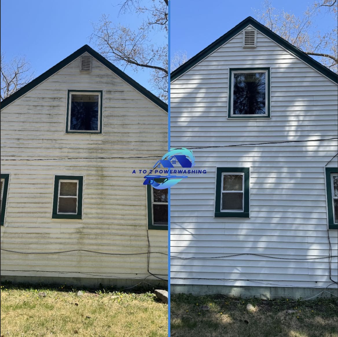 Before and after house wash on white vinyl siding with green trim