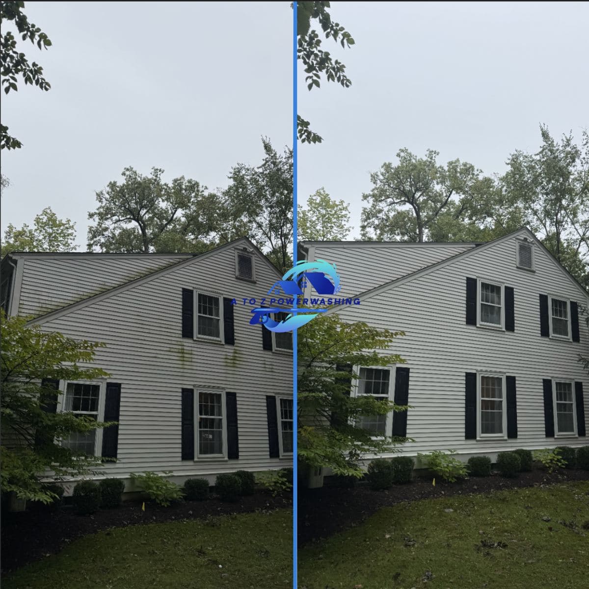 Before and after house wash on a two story colonial with black shutters