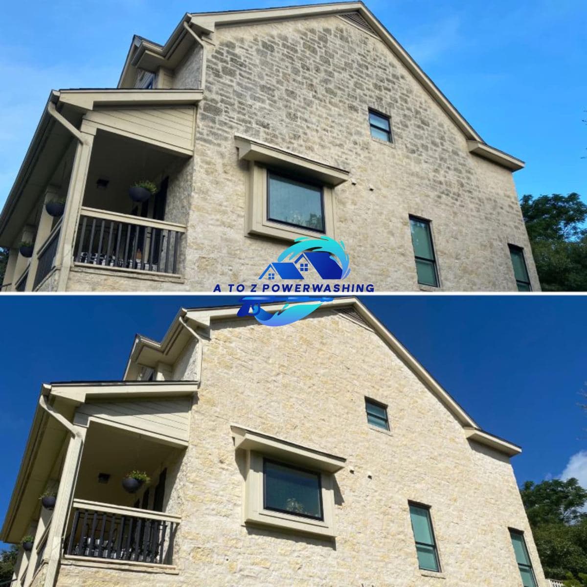 Before and after soft wash of a stone front home